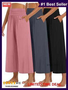 Women's Wide Leg Capri Pants High Waisted Pleated Lounge